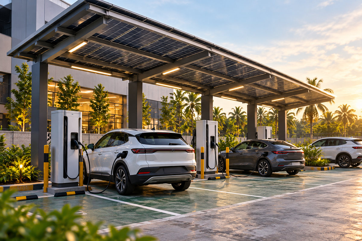 Cars charging at an EV charging station under a solar canopy