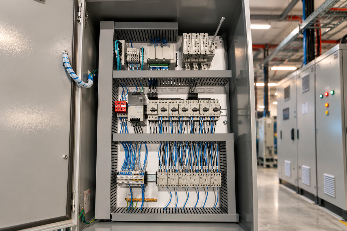 The inside of a control panel, with breakers, relays and numbered wiring
