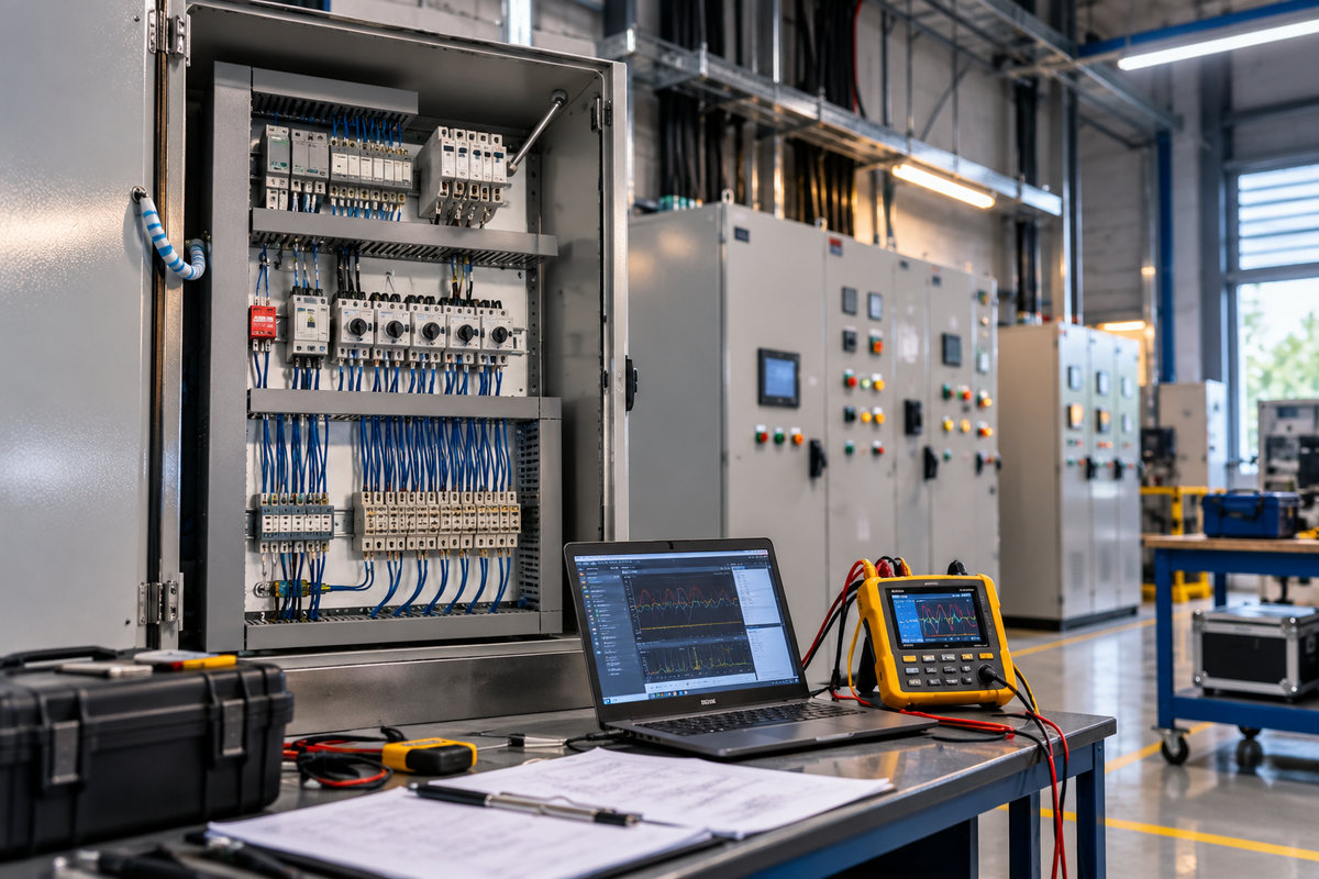 A control panel on test, with a laptop and a power quality analyser taking readings