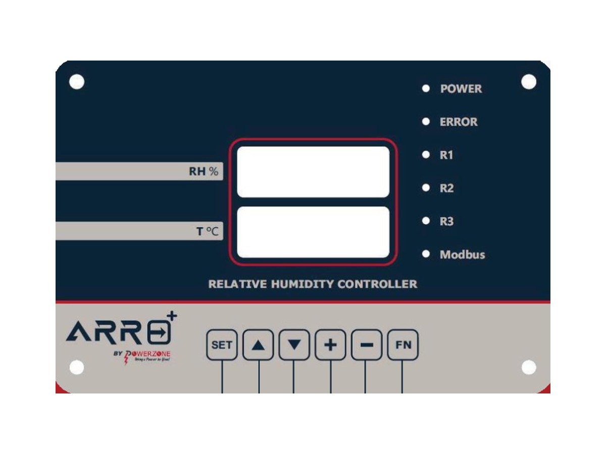 The front face of ARRO by PowerZone, a relative humidity controller with RH and temperature displays, status lamps and setting buttons